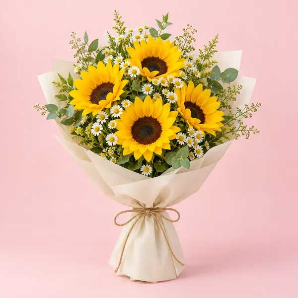 Girasoles y pequeñas flores blancas en un ramo envuelto en papel claro