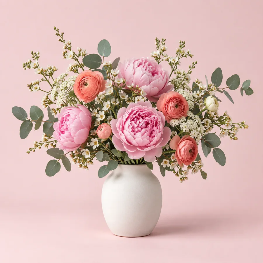 Una mezcla de flores rosas, coral y blancas con follaje de eucalipto