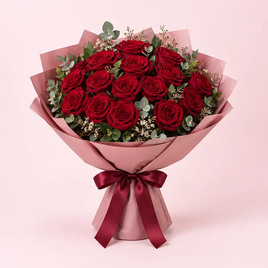 Un ramo de rosas rojas envuelto en papel rosa y terminado con un lazo