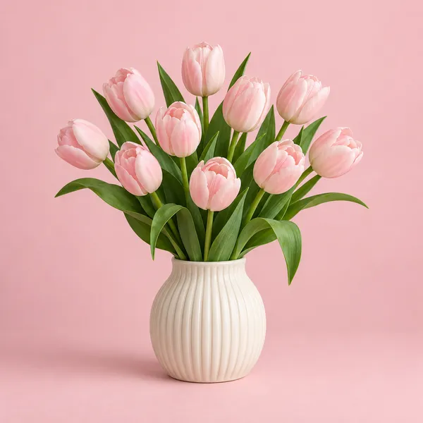 Tulipanes en tonos rosa suave, con sus hojas naturales y un florero de cerámica